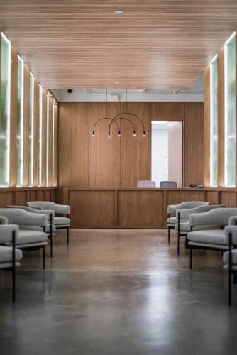 lobby office lobby space with custom wood wall